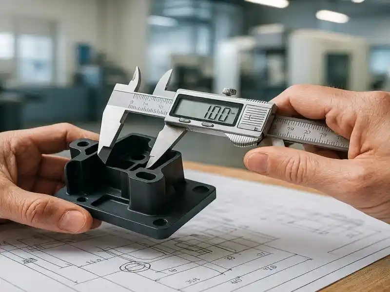 Ranglink engineer measuring plastic prototype tolerances with a caliper