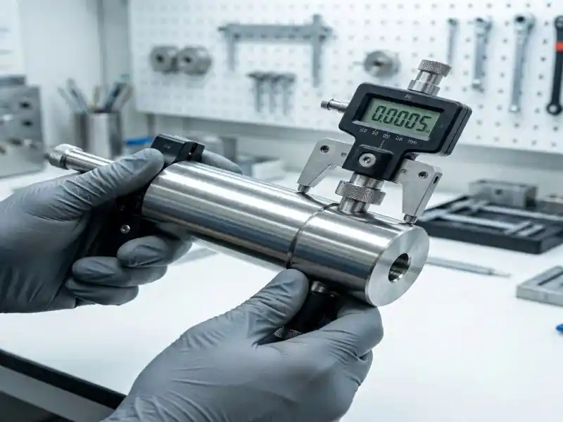 A close-up of a quality control inspector’s gloved hands using a high-end digital micrometer to measure the diameter of a perfectly ground, mirror-finish steel component. The digital display highlights the extreme accuracy (e.g., 0.001mm), emphasizing the "sub-micron barrier" mentioned in the article.