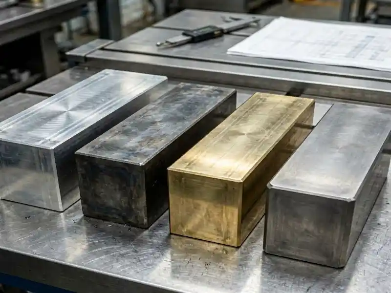 A clean, professional workshop table displaying four distinct metal blocks or semi-machined parts side-by-side: shiny 6061 aluminum, dark heavy steel, bright golden brass, and matte grey titanium.