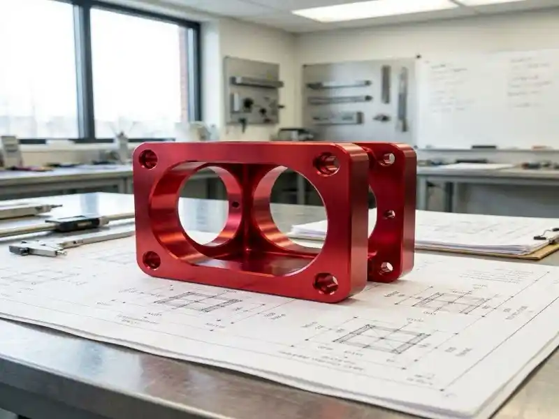 A professional display of a finished, vibrantly anodized aluminum prototype resting on a technical CAD blueprint. This visualizes the "Prototyping vs Production" section and the "easy anodizing" advantage of aluminum.