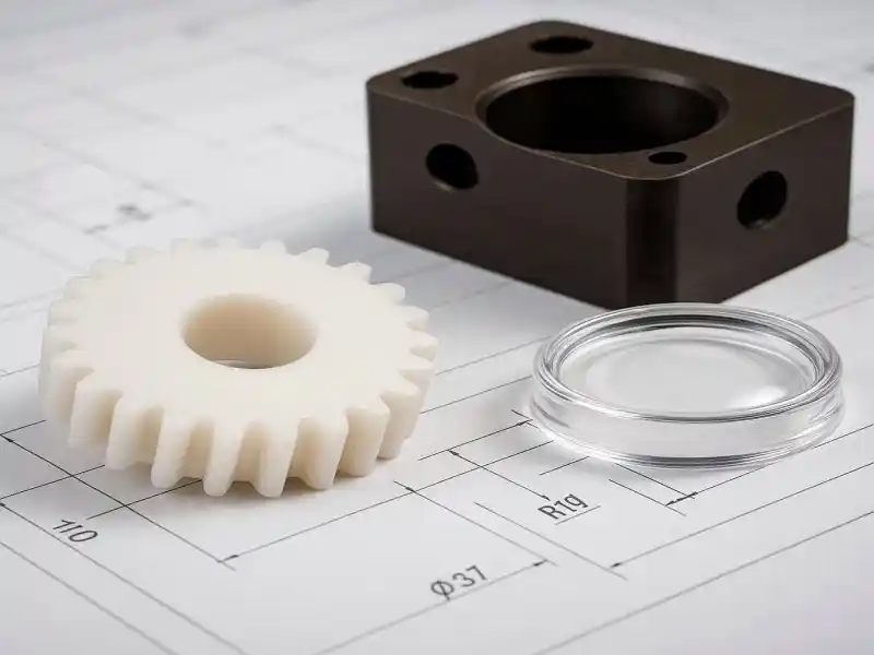A professional display of various finished CNC machined plastic parts resting on a technical CAD blueprint. The collection includes a white POM gear, a perfectly transparent Polycarbonate (PC) lens, and a dark brown high-performance PEEK aerospace component.