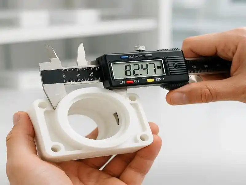 A close-up of a quality inspector's hands holding a CNC machined plastic housing, using a professional digital caliper to measure its internal diameter. The digital screen shows a precise measurement, emphasizing dimensional stability.