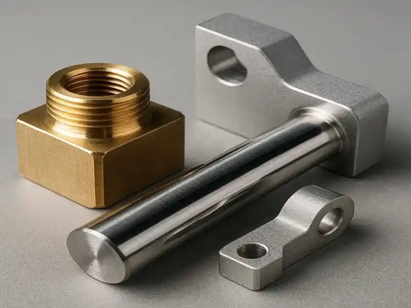 A high-end macro product photograph displaying three finished CNC parts made from different popular materials: a golden brass threaded connector, a shiny stainless steel shaft, and a matte silver aluminum bracket.
